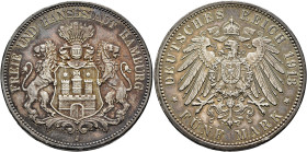 GERMANY. Hamburg. 5 Mark 1913 (Silver, 38 mm, 27.74 g, 12 h). FREIE UND HANSESTADT HAMBURG Helmeted arms between two lions, mintmark J below. Rev. DEU...