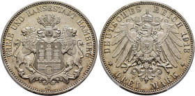 GERMANY. Hamburg. 3 Mark 1913 (Silver, 33 mm, 16.67 g, 12 h), Hamburg. FREIE UND HANSESTADT HAMBURG Coat of arms supported by two lions. Rev. DEUTSCHE...