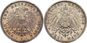 GERMANY. Lübeck. 3 Mark 1908 A (Silver, 33 mm, 16.67 g, 12 h). FREIE UND HANSESTADT LÜBECK / A Double eagle. Rev. DEUTSCHES REICH 1908 / DREI MARK Imp...
