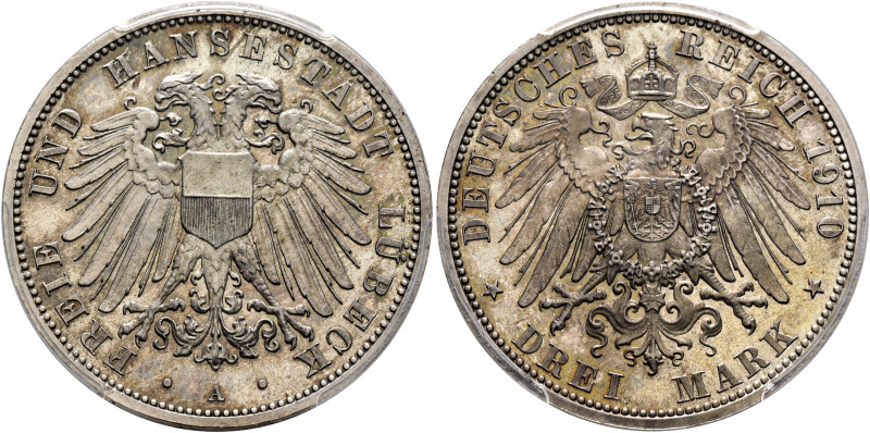 GERMANY. Lübeck. 3 Mark 1910 A (Silver, 33 mm, 16.67 g, 12 h). FREIE UND HANSEST...