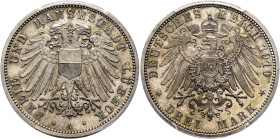 GERMANY. Lübeck. 3 Mark 1910 A (Silver, 33 mm, 16.67 g, 12 h). FREIE UND HANSESTADT LÜBECK / A Double eagle. Rev. DEUTSCHES REICH 1910 / DREI MARK Imp...