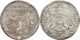 GERMANY. Nürnberg (Stadt). Guldentaler (60 Kreuzer) 1575 (Silver, 39 mm, 23.80 g, 7 h), in the name of Maximilian II, 1564-1576. RESPVB / NVRENBERG / ...