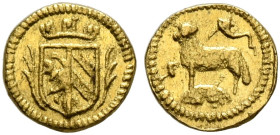 GERMANY. Nürnberg (Stadt). 1/32 Dukat (Gold, 5 mm, 0.13 g), no date (1700). Arms with mural crown between palm branches. Rev. The Lamb of God standing...