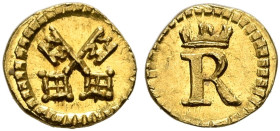 GERMANY. Regensburg (Stadt). 1/32 Dukat (Gold, 5 mm, 0.11 g, 6 h), no date (circa 1750). City keys in saltire. Rev. Crowned R. Beckebauer 529. Friedbe...