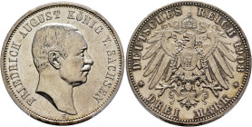 GERMANY. Sachsen. Friedrich August III, 1904-1918. 3 Mark 1908 E (Silver, 33 mm, 16.67 g, 12 h). FRIEDRICH AUGUST KÖNIG V. SACHSEN Bare head of Friedr...