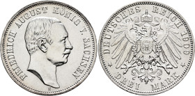 GERMANY. Sachsen. Friedrich August III, 1904-1918. 3 Mark 1909 E (Silver, 33 mm, 16.65 g, 12 h). FRIEDRICH AUGUST KÖNIG V. SACHSEN Bare head of Friedr...