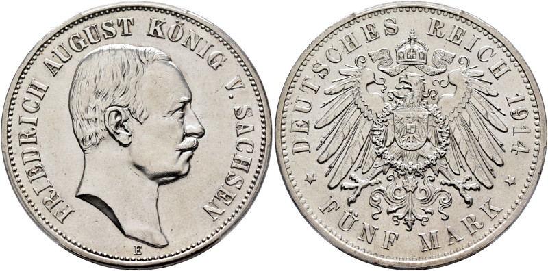GERMANY. Sachsen. Friedrich August III, 1904-1918. 5 Mark 1914 E (Silver, 38 mm,...