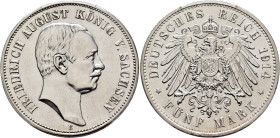GERMANY. Sachsen. Friedrich August III, 1904-1918. 5 Mark 1914 E (Silver, 38 mm, 27.78 g, 12 h), Dresden. FRIEDRICH AUGUST KÖNIG V. SACHSEN / E Head o...