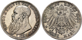 GERMANY. Sachsen-Meiningen. Georg II, 1866-1914. 3 Mark 1908 D (Silver, 33 mm, 16.67 g, 12 h). GEORG II HERZOG VON SACHSEN-MEININGEN Bare head of Geor...