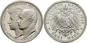 GERMANY. Sachsen-Weimar-Eisenach. Wilhelm Ernst, 1901-1918. 3 Mark 1910 (Silver, 33 mm, 16.67 g), on his marriage with Feodora. WILHELM ERNST-FEODORA ...