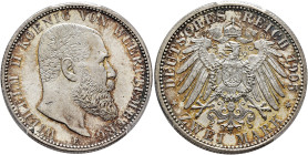 GERMANY. Württemberg. Wilhelm II, 1891-1918. 2 Mark 1905 F (Silver, 28 mm, 11.11 g, 12 h), Stuttgart. WILHELM II KOENIG VON WUERTTEMBERG Bare head of ...