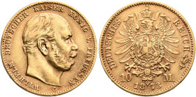 GERMANY. Kaiserreich. Wilhelm I, 1871-1888. 10 Mark 1873 (Gold, 20 mm, 3.94 g, 1 h), Frankfurt am Main. WILHELM DEUTSCHER KAISER KÖNIG V. PREUSSEN Hea...
