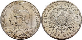GERMANY. Kaiserreich. Wilhelm II, 1888-1918. 5 Mark 1901 A (Silver, 38 mm, 27.78 g, 12 h), on the bicentennial of the Kingdom of Prussia, Berlin. +FRI...