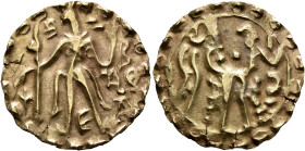 INDIA, Medieval. Samatata. Prithubhatta, circa 700-750. Dinar (Electrum, 22 mm, 5.72 g, 11 h). PRITHUBHATA (in Brahmi) Prithubhatta standing facing, h...