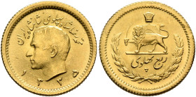 IRAN, Pahlavis. Muhammad Reza Shah, AH 1360-1398 / AD 1941-1979. 1/4 Pahlavi (Gold, 14 mm, 2.00 g), Tehran, SH 1335 = AD 1956. Friedberg 103. KM 1160....