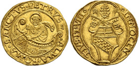 ITALY. Papal Coinage. Innocent VIII, 1484-1492. Ducato Papale (Gold, 21 mm, 3.41 g, 12 h), Rome. ºINNOCEN-TIVSºPPºVIIIº Coat of arms surmounted by cro...