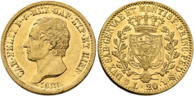ITALY. Sardegna (Regno). Carlo Felice, 1821-1831. 20 Lire 1828 (Gold, 21 mm, 6.45 g), Torino. CAR•FELIX D•G•REX SAR•CYP•ET HIER• / 1828 Bare head of C...