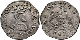 ITALY. Sicilia (Regno). Carlo I di Spagna (Carlo V, Sacro Romano Impero), 1516-1556. 2 Tari (Silver, 27 mm, 5.81 g, 12 h), Messina, 1555. CAROLVS IMPE...