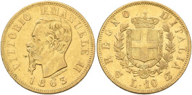 ITALY. Regno d'Italia. Vittorio Emanuele II, 1861-1878. 10 Lire 1863 (Gold, 19 mm, 3.18 g, 6 h). VITTORIO EMANUELE II - 1863 Head of Vittorio Emanuele...