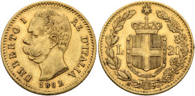ITALY. Regno d'Italia. Umberto I, 1878-1900. 20 Lire 1882 (Gold, 21 mm, 6.42 g, 6 h), Rome. UMBERTO I RE D'ITALIA / 1882 Bare head of Umberto I to lef...