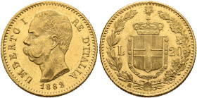 ITALY. Regno d'Italia. Umberto I, 1878-1900. 20 Lire 1882 (Gold, 21 mm, 6.50 g, 6 h), Rome. UMBERTO I RE D'ITALIA / 1882 Bare head of Umberto I to lef...