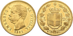 ITALY. Regno d'Italia. Umberto I, 1878-1900. 20 Lire 1882 (Gold, 21 mm, 6.41 g, 12 h), Rome. UMBERTO I RE D'ITALIA / 1882 Bare head of Umberto I to le...