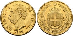 ITALY. Regno d'Italia. Umberto I, 1878-1900. 20 Lire 1891 (Gold, 21 mm, 6.43 g, 6 h), Rome. UMBERTO I RE D'ITALIA / 1891 Bare head of Umberto I to lef...