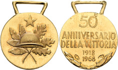 ITALY. Repubblica. 1946-present. Medal 1968 (Gold, 24 mm, 5.19 g), on the 50th anniversary of the conclusion of World War 1. Helmet set on leaves; sta...