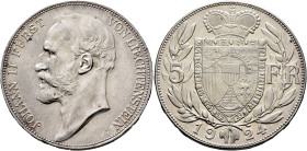 LIECHTENSTEIN. Fürstentum. Johann II, 1858-1929. 5 Franken 1924 (Silver, 37 mm, 25.05 g), Bern. JOHANN II FÜRST VON LIECHTENSTEIN Bare head of Johann ...