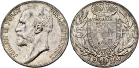 LIECHTENSTEIN. Fürstentum. Johann II, 1858-1929. 5 Franken 1924 (Silver, 37 mm, 25.00 g, 12 h), Bern. JOHANN II FÜRST VON LIECHTENSTEIN Bare head of J...