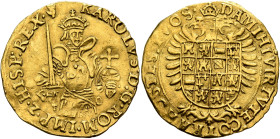 LOW COUNTRIES. Brabant. Keizer Karel V, 1506-1555. Florin (Gold, 27 mm, 5.22 g, 6 h), Antwerp. KAROLVS•D•ROM•IMP•Z•HISP•REX•(hand) Crowned and cuirass...