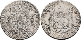 MEXICO, Colonial. Carlos III, king of Spain, 1759-1788. 8 Reales 1761 (Silver, 38 mm, 26.81 g), Ciudad de México (Mexico City). CAROLVS•III•D•G•HISPAN...