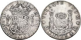 MEXICO, Colonial. Carlos III, king of Spain, 1759-1788. 8 Reales 1765 (Silver, 38 mm, 26.90 g), Ciudad de México (Mexico City). CAROLVS•III•D•G•HISPAN...
