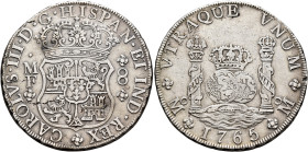 MEXICO, Colonial. Carlos III, king of Spain, 1759-1788. 8 Reales 1765 (Silver, 38 mm, 27.03 g), Ciudad de México (Mexico City). CAROLVS•III•D•G•HISPAN...