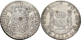 MEXICO, Colonial. Carlos III, king of Spain, 1759-1788. 8 Reales 1768 (Silver, 39 mm, 26.96 g), Ciudad de México (Mexico City). CAROLVS•III•D•G•HISPAN...