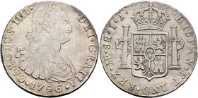 MEXICO, Colonial. Carlos IV, king of Spain, 1788-1808. 8 Reales 1796 (Silver, 39 mm, 26.78 g), Ciudad de México (Mexico City). CAROLUS•IIII•DEI•GRATIA...