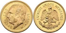 MEXICO, Republic (Second). 1867-present. 10 Pesos 1959 (Gold, 22 mm, 8.35 g, 6 h). DIEZ PESOS M 1959 Head of Miguel Hidalgo y Costilla left. Rev. ESTA...