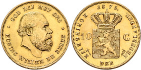 NETHERLANDS. William III, 1849-1890. 10 Gulden 1875 (Gold, 23 mm, 6.72 g, 6 h). GOD ZIJ MET ONS / KONING WILLEM DE DERDE Head of William III to right....