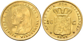 NETHERLANDS. Wilhelmina, 1890-1948. 10 Gulden 1897 (Gold, 23 mm, 3.97 g, 6 h), a later restrike. GOD ZIJ MET ONS / KONINGIN WILHELMINA Bare head of Wi...