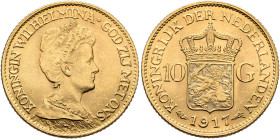 NETHERLANDS. Wilhelmina, 1890-1948. 10 Gulden 1917 (Gold, 22 mm, 6.72 g, 12 h), Utrecht. KONINGIN WILHELMINA • GOD ZIJ MET ONS Diademed draped bust of...