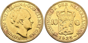NETHERLANDS. Wilhelmina, 1890-1948. 10 Gulden (Gold, 22 mm, 6.66 g, 6 h), Utrecht, 1925. KONINGIN WILHELMINA • GOD ZIJ MET ONS Head of Wilhelmina to r...