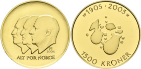 NORWAY. Harald V, 1991-present. 1500 Kroner 2005 (Gold, 27 mm, 16.96 g, 12 h), on the 100th anniversary of the independence. ALT FOR NORGE Conjoined h...