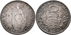 PERU, Republic. 1822-present. 8 Reales 1834 (Silver, 40 mm, 27.36 g, 6 h), Lima. FIRME Y FELIZ POR LA UNION Libertas standing facing, holding liberty ...