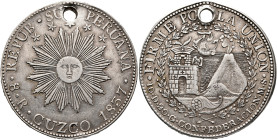 PERU, Republic. 8 Reales 1837 (Silver, 39 mm, 27.22 g, 12 h), Cuzco. REPUB SUD PERUANA / 8 R CIZCO 1837 Sun with five stars above. Rev. FIRME POR LA U...