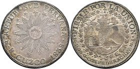 PERU, South Peru. Republic, 1836-1839. 8 Reales 1838 (Silver, 38 mm, 26.77 g), Cuzco. REPUB•SUD PERUANA/ •8•R•CUZCO 1838• Sunface. Rev. •FIRME POR LA ...