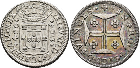 PORTUGAL, Kingdom. Pedro II o Pacífico (the Pacific), 1683-1706. 400 Reis 1704 (Silver, 37 mm, 17.33 g, 12 h), Lisbon. PETRVS•II•D•G•PORT•ET•ALG•REX C...