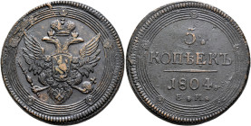 RUSSIA, Tsars of Russia. Aleksandr I Pavlovich, 1801-1825. 5 Kopeks 1804 (Bronze, 43 mm, 53.24 g, 12 h), Ekaterinburg. Imperial double eagle. Rev. Den...