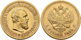 RUSSIA, Tsars of Russia. Aleksandr III Aleksandrovich, 1881-1894. 5 Roubles 1889 (Gold, 21 mm, 6.54 g, 12 h), St. Petersburg. Bare head of Aleksandr I...