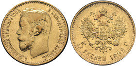 RUSSIA, Tsars of Russia. Nikolai II Aleksandrovich, 1894-1917. 5 Roubles 1898 (Gold, 19 mm, 4.30 g, 12 h), St. Petersburg. Bare head of Nikolai II to ...