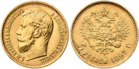 RUSSIA, Tsars of Russia. Nikolai II Aleksandrovich, 1894-1917. 5 Roubles 1899 (Gold, 18 mm, 4.30 g, 12 h), St. Petersburg. Bare head of Nikolai II to ...